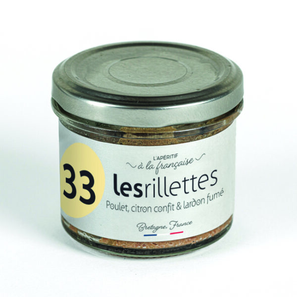 Rillettes - Rillettes Poulet citron confit & lardon, viande française. Bretagne France.